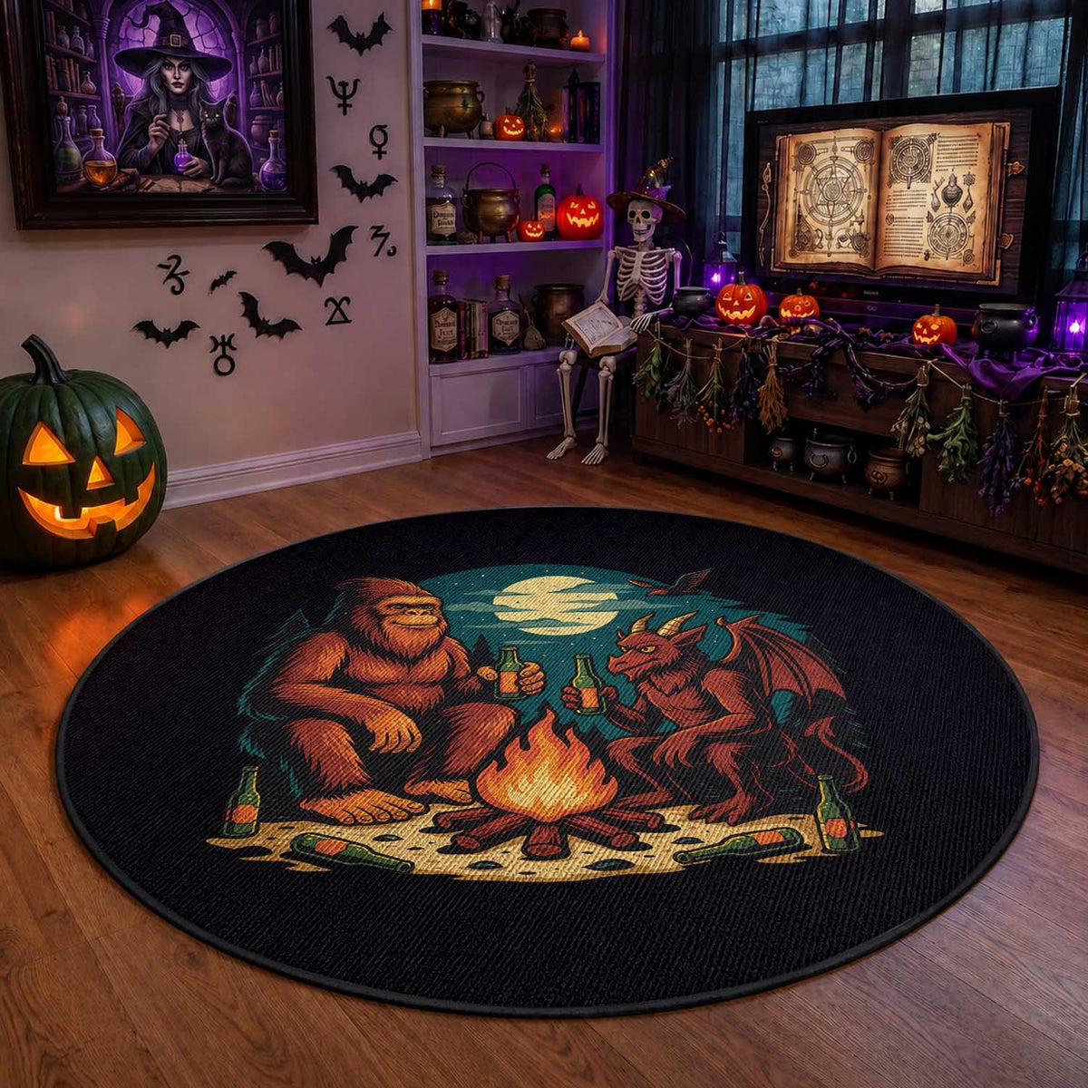 Funny Bigfoot And Jersey Devil Camping Cryptid Gift Round Rug