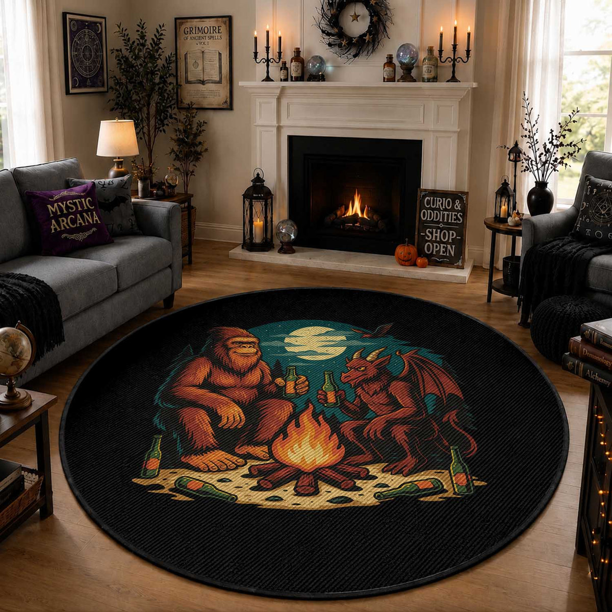 Funny Bigfoot And Jersey Devil Camping Cryptid Gift Round Rug