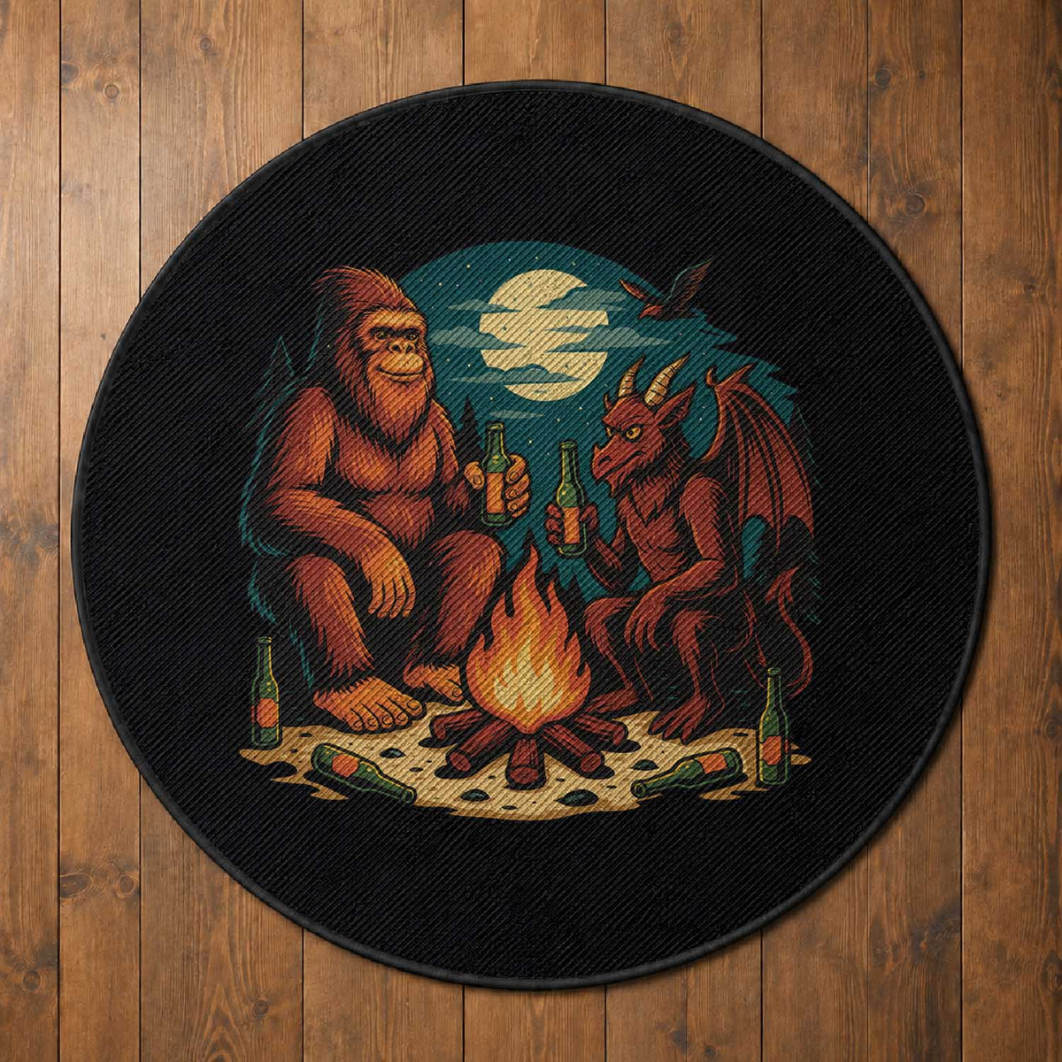 Funny Bigfoot And Jersey Devil Camping Cryptid Gift Round Rug