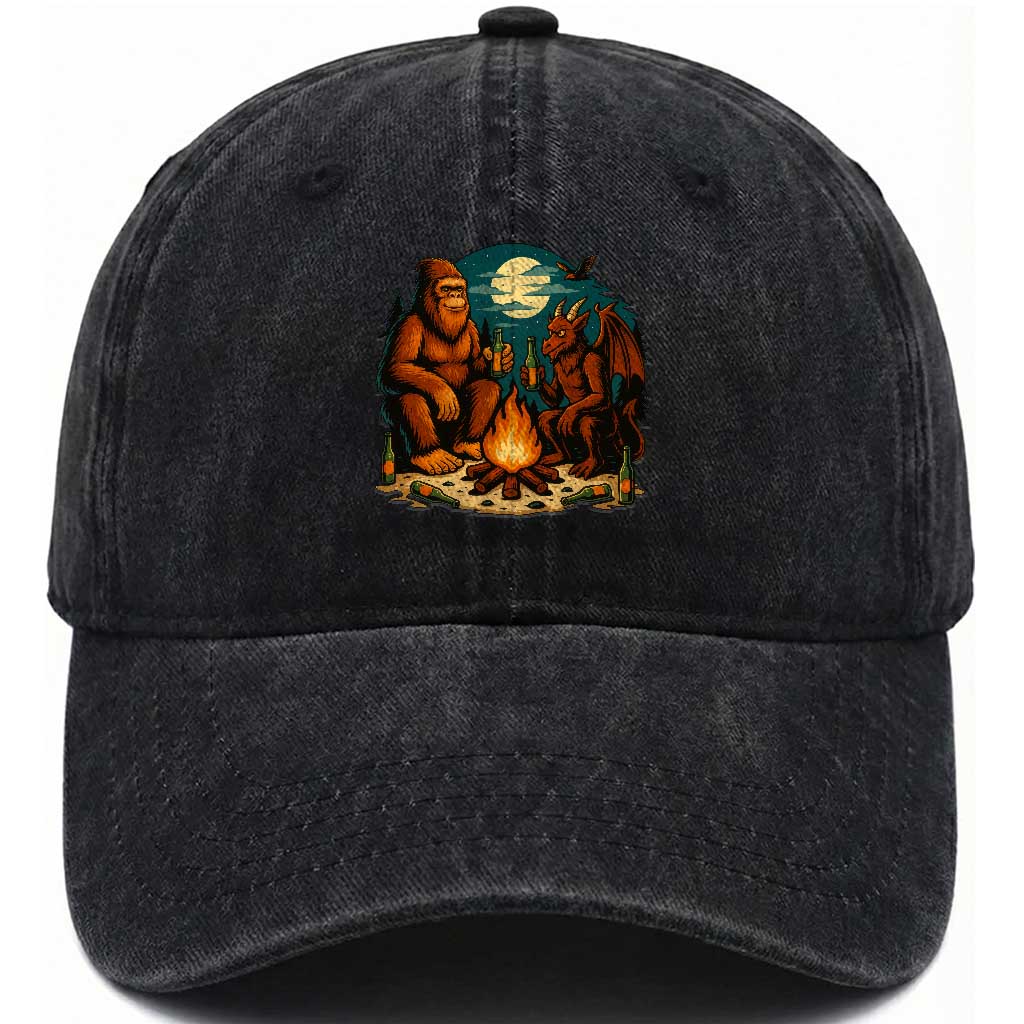 Funny Bigfoot And Jersey Devil Camping Cryptid Gift Washed Cotton Baseball Cap TS12 Print Your Wear