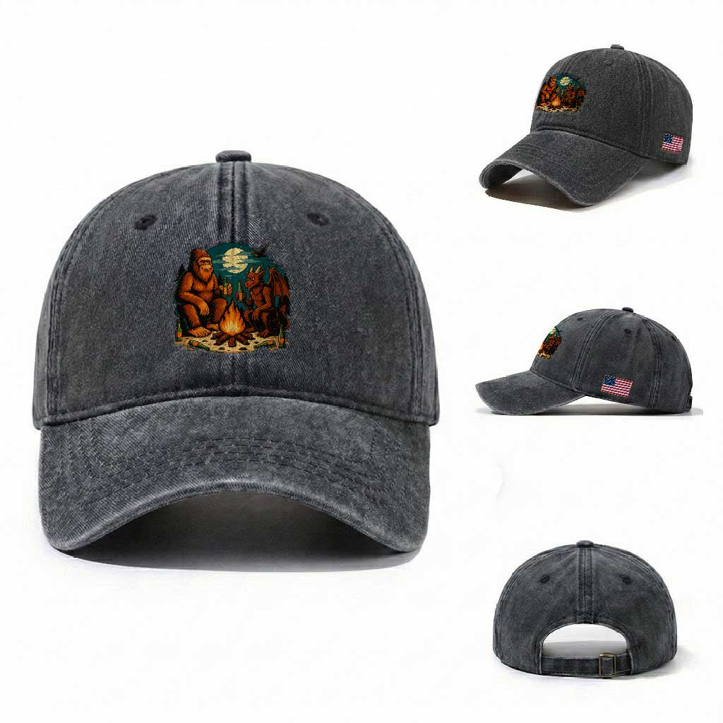 Funny Bigfoot And Jersey Devil Camping Cryptid Gift Washed Cotton Baseball Cap TS12 Washed Cap Universal Fit Dark Gray Print Your Wear
