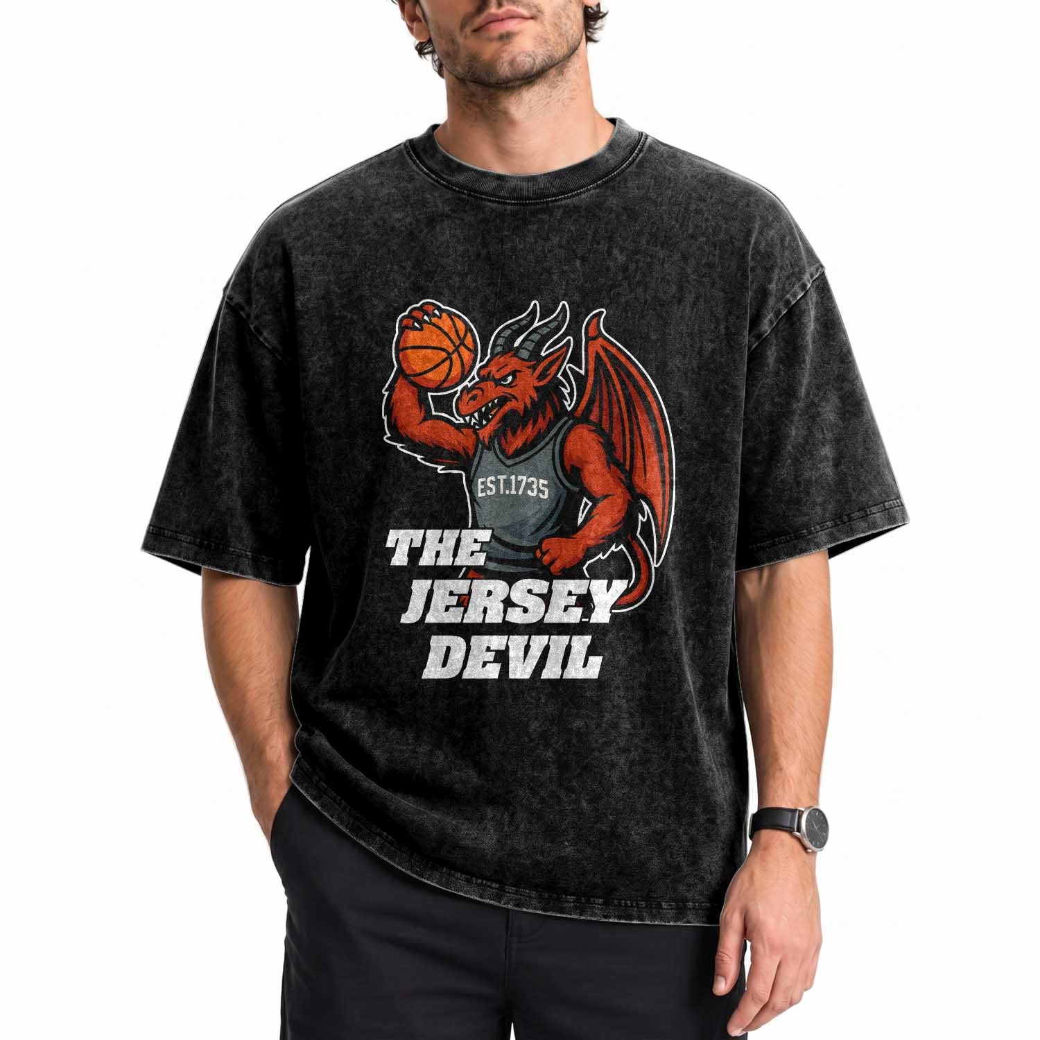 Funny Cryptid Sports Washed Cotton T-Shirt Jersey Devil Playing Basketball