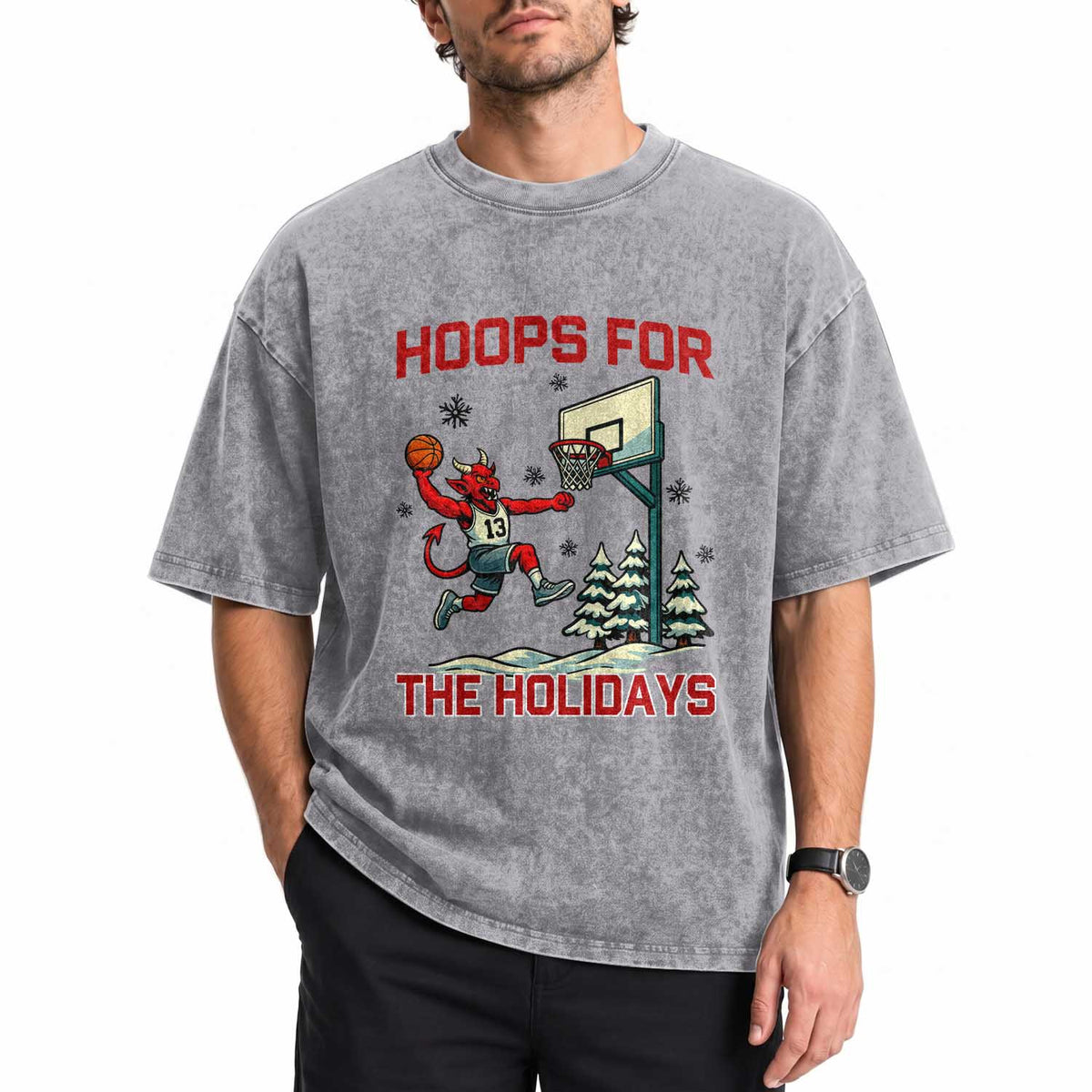 Funny Christmas Basketball Jersey Devil Washed Cotton T-Shirt Hoops For The Holidays