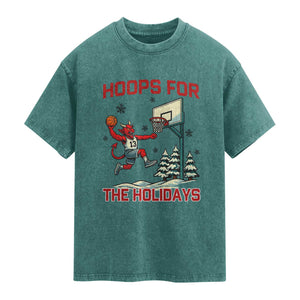 Funny Christmas Basketball Jersey Devil Washed Cotton T-Shirt Hoops For The Holidays