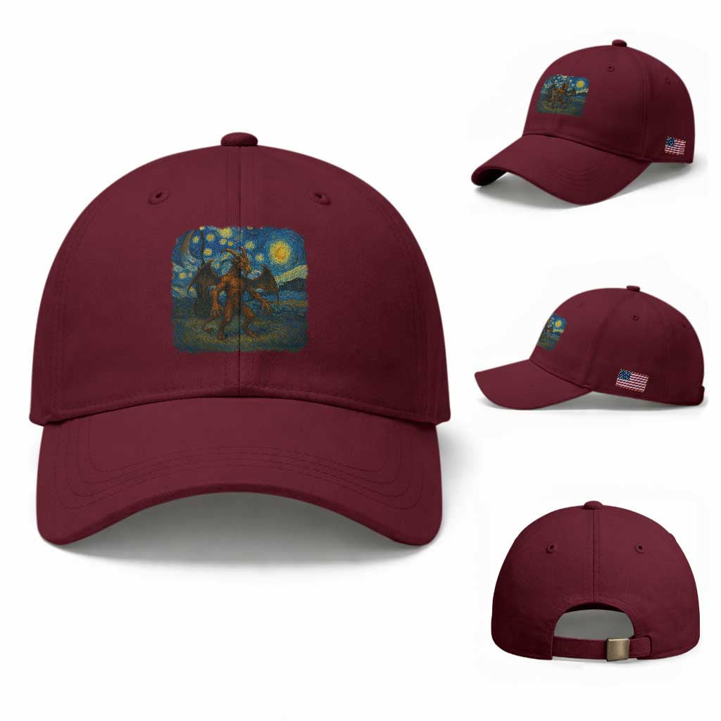 Jersey Devil Starry Night Baseball Cap Van Gogh Cryptid Gift TS12 Baseball Cap Universal Fit Maroon Print Your Wear
