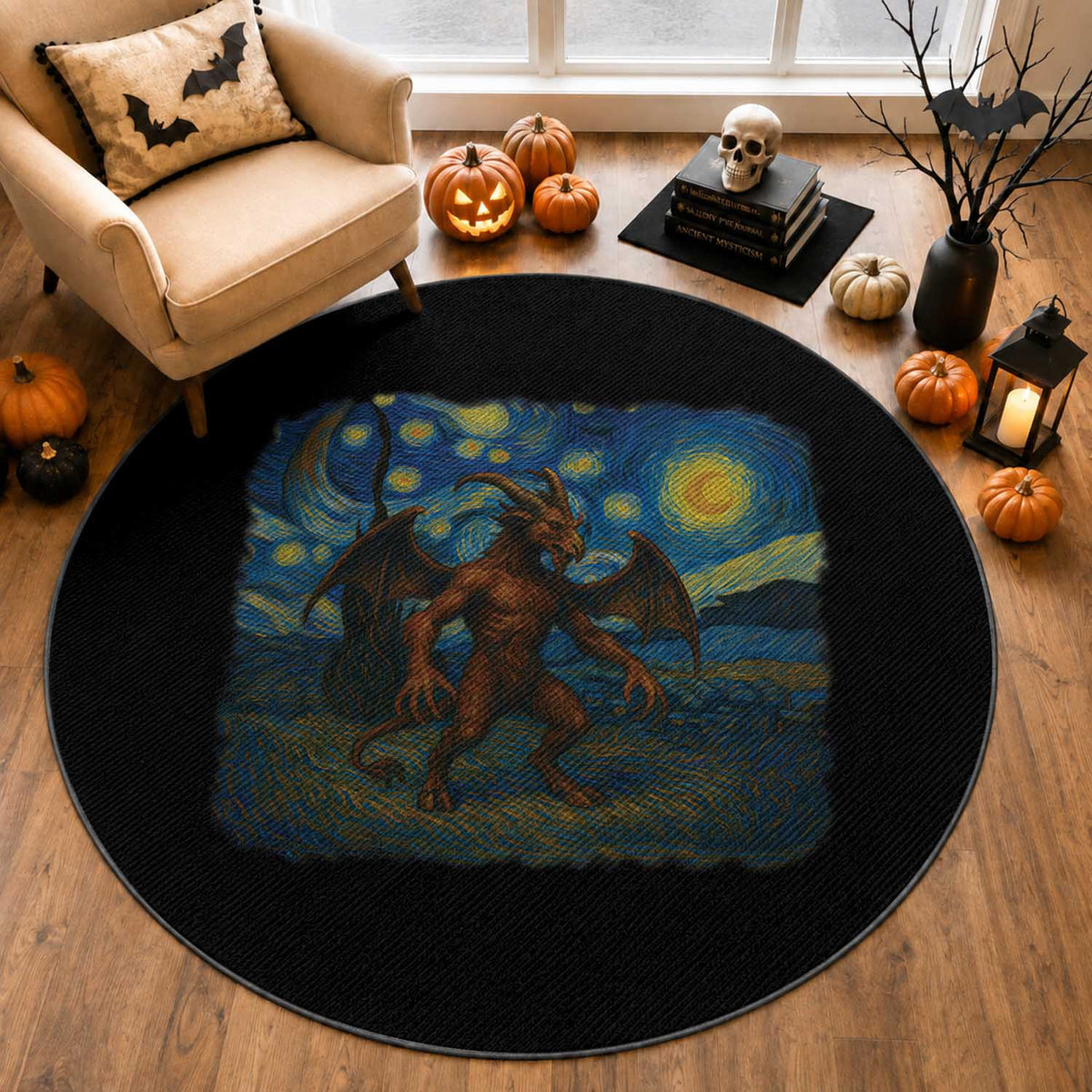 Jersey Devil Starry Night Round Rug Van Gogh Cryptid Gift