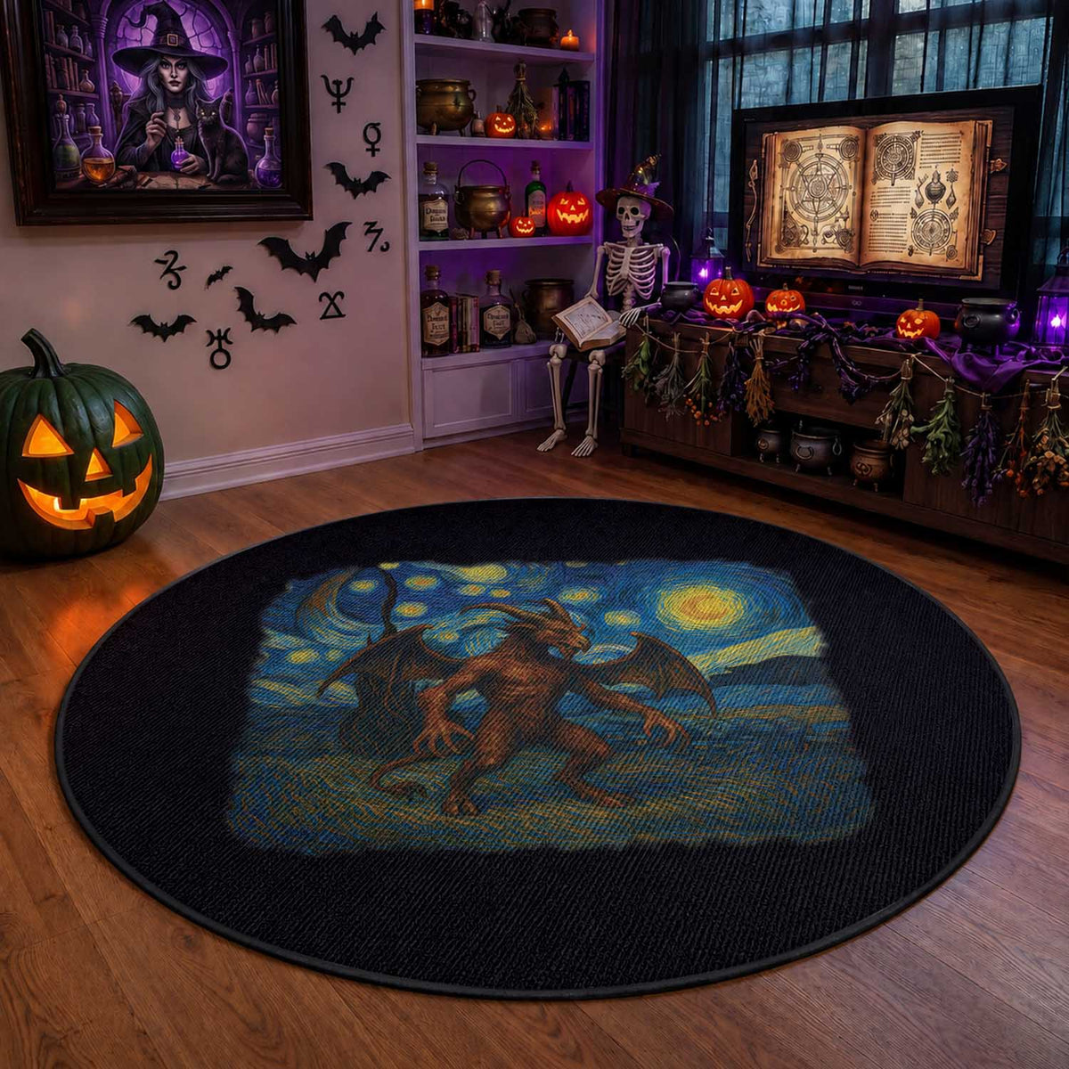 Jersey Devil Starry Night Round Rug Van Gogh Cryptid Gift