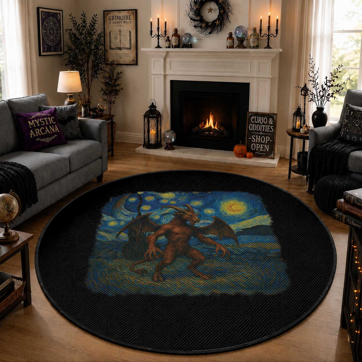 Jersey Devil Starry Night Round Rug Van Gogh Cryptid Gift