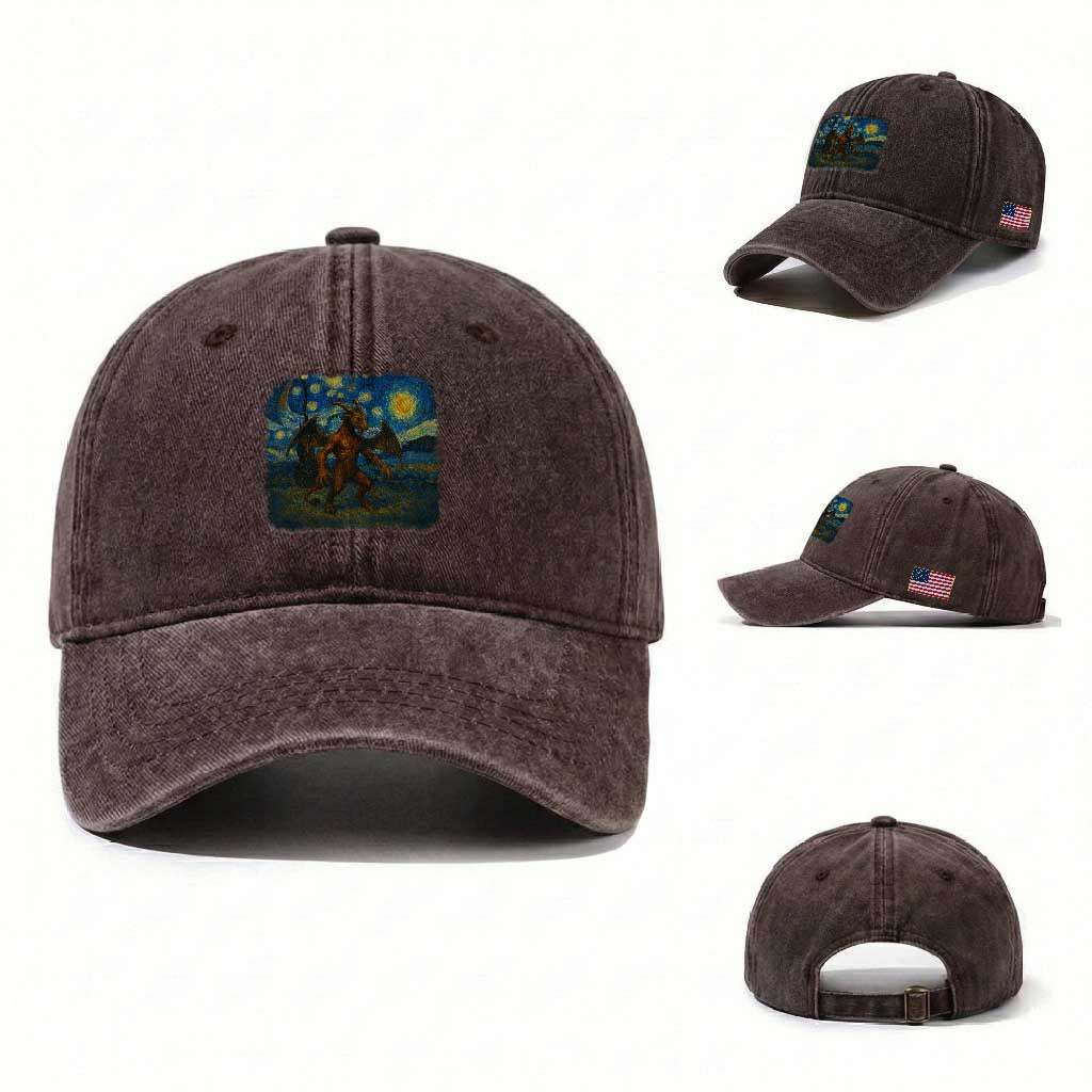 Jersey Devil Starry Night Washed Cotton Baseball Cap Van Gogh Cryptid Gift TS12 Washed Cap Universal Fit Dark Brown Print Your Wear