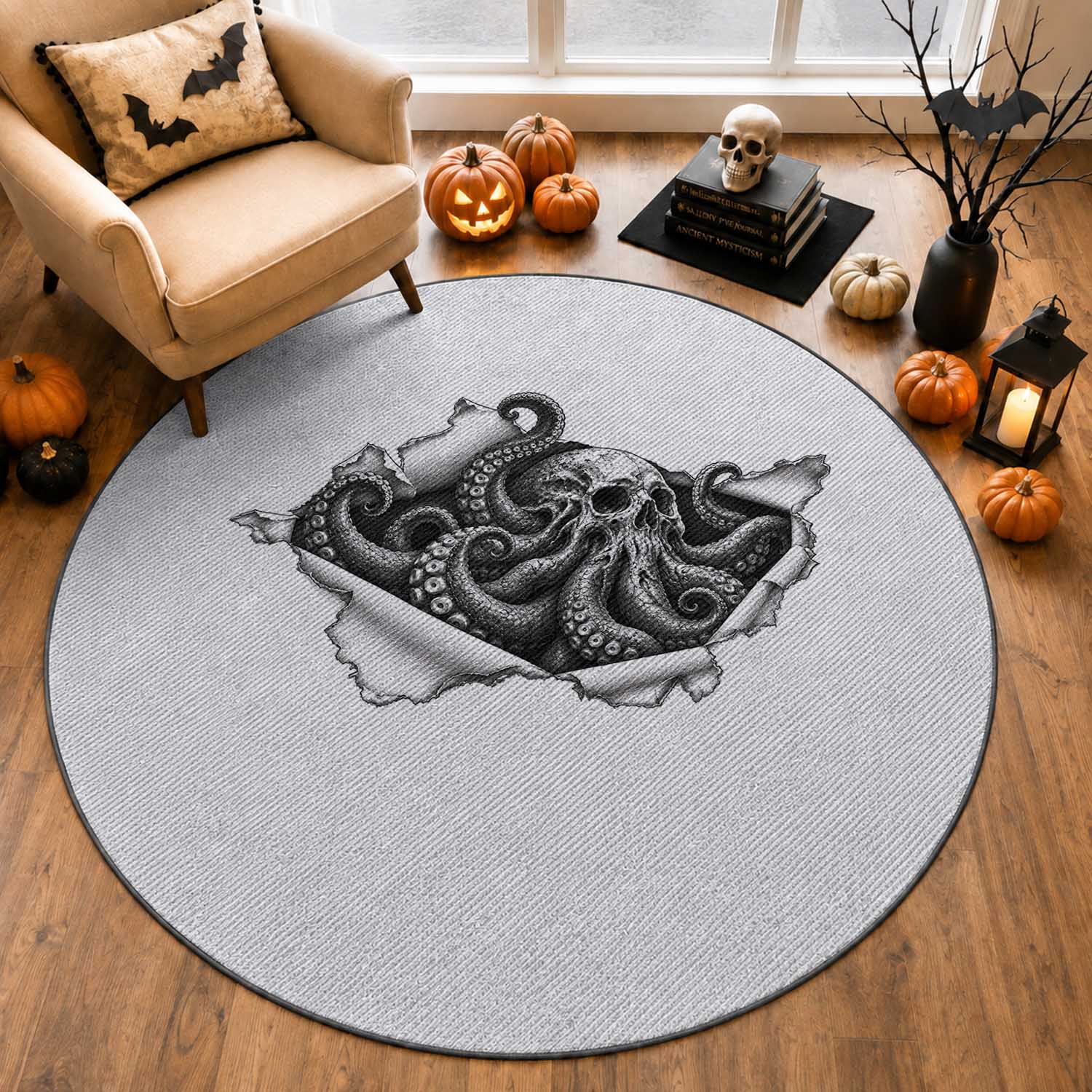 Kraken Skull Octopus Sea Monster Round Rug Dark Gothic Horror Graphic