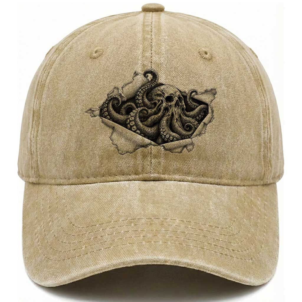 Kraken Skull Octopus Sea Monster Washed Cotton Baseball Cap Dark Gothic Horror Graphic