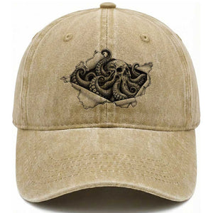 Kraken Skull Octopus Sea Monster Washed Cotton Baseball Cap Dark Gothic Horror Graphic