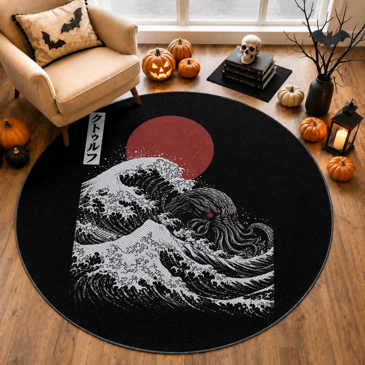 Vintage The Great Wave Kanagawa Cthulhu Japanese Ukiyoe Round Rug Sea Monster