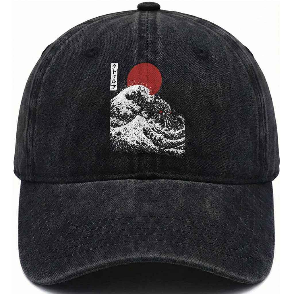Vintage The Great Wave Kanagawa Cthulhu Japanese Ukiyoe Washed Cotton Baseball Cap Sea Monster