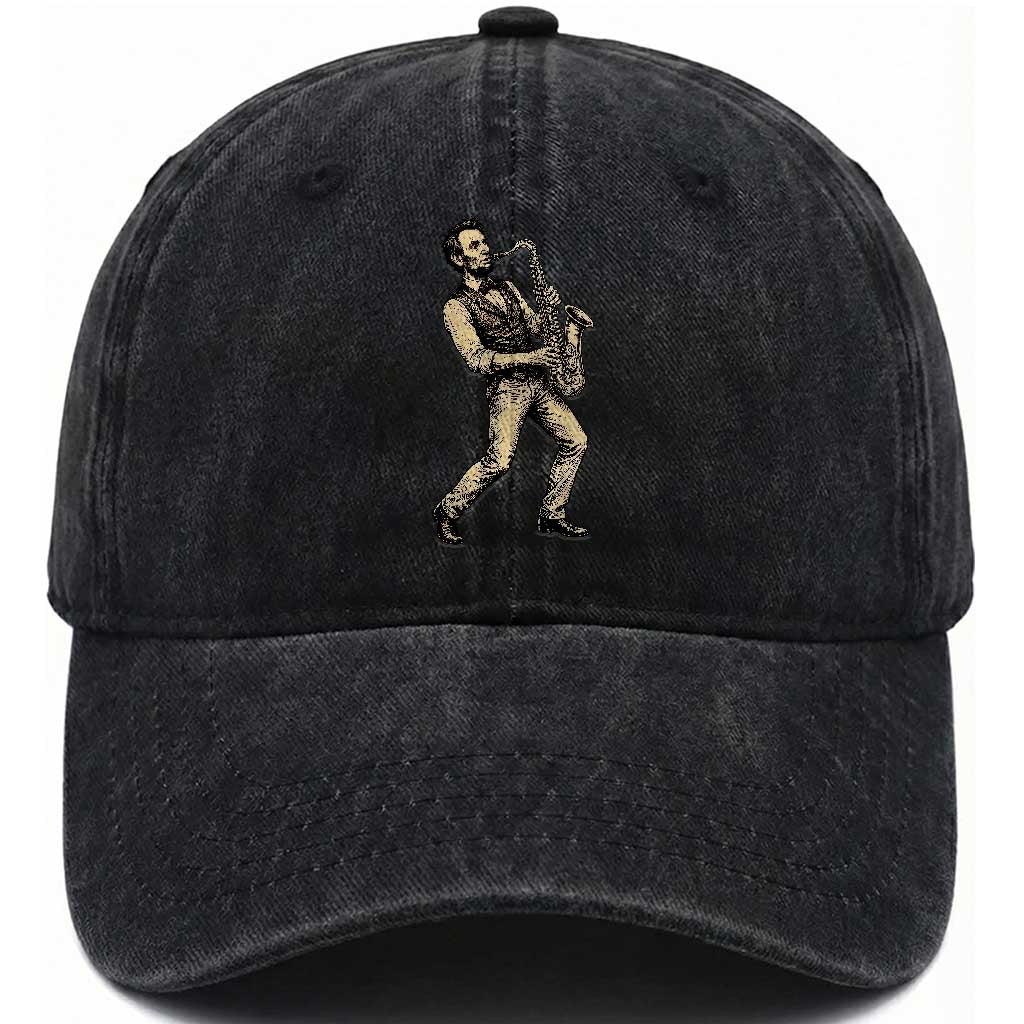 Vintage Abraham Lincoln Playing Saxophone Washed Cotton Baseball Cap USA History
