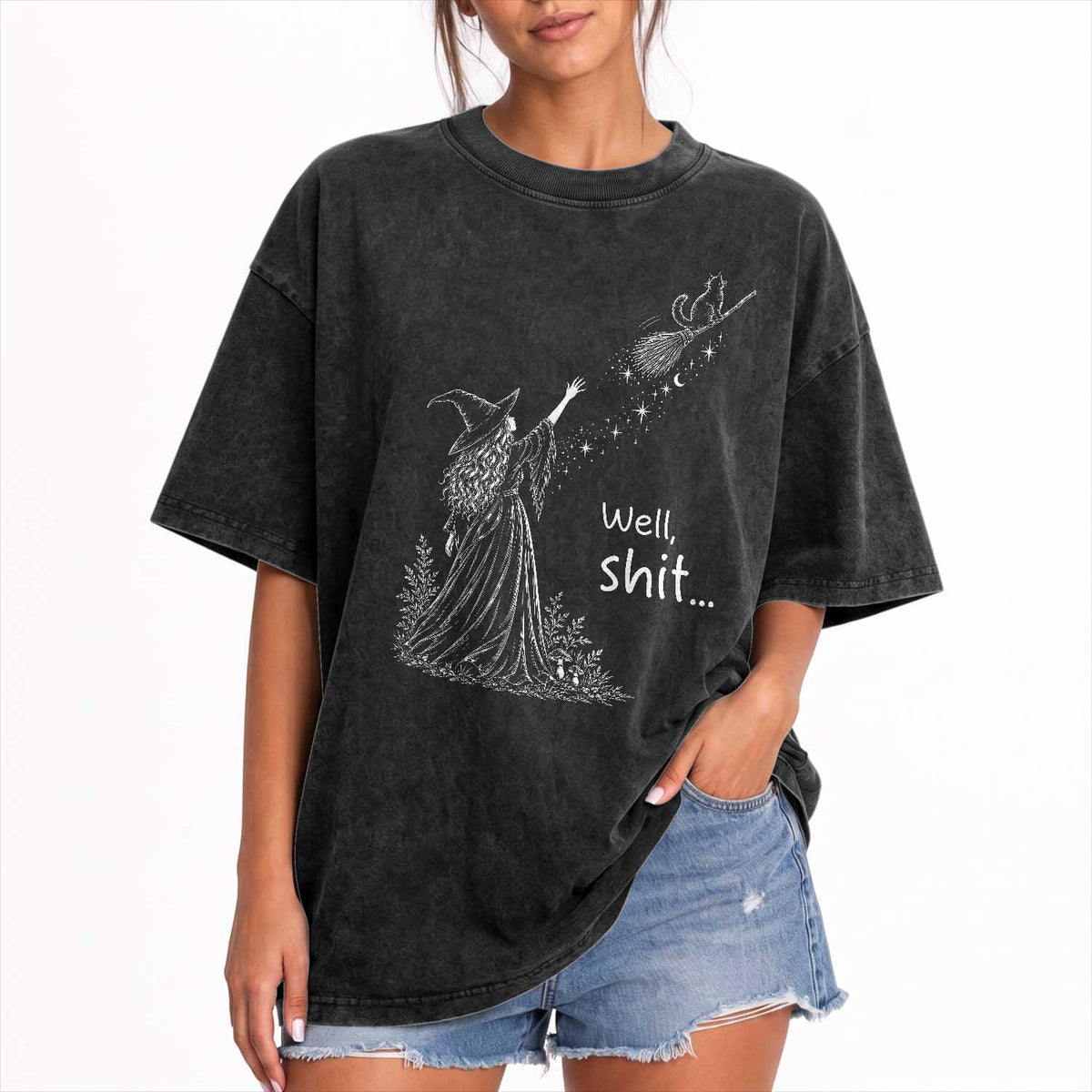 Funny Well Shit Witch Halloween Washed Cotton T-Shirt Cat Stole My Broom Flying