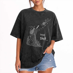 Funny Well Shit Witch Halloween Washed Cotton T-Shirt Cat Stole My Broom Flying
