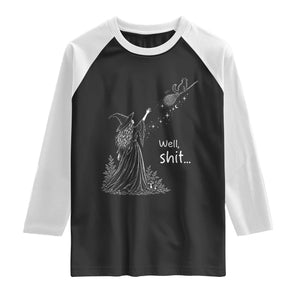 Funny Well Shit Witch Halloween Raglan Shirt Cat Stole My Broom Flying