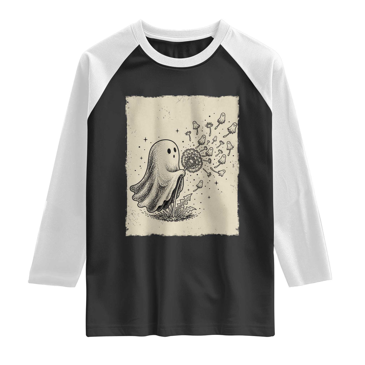 Cute Ghost Blowing Dandelion Wish Raglan Shirt Halloween Japanese Style