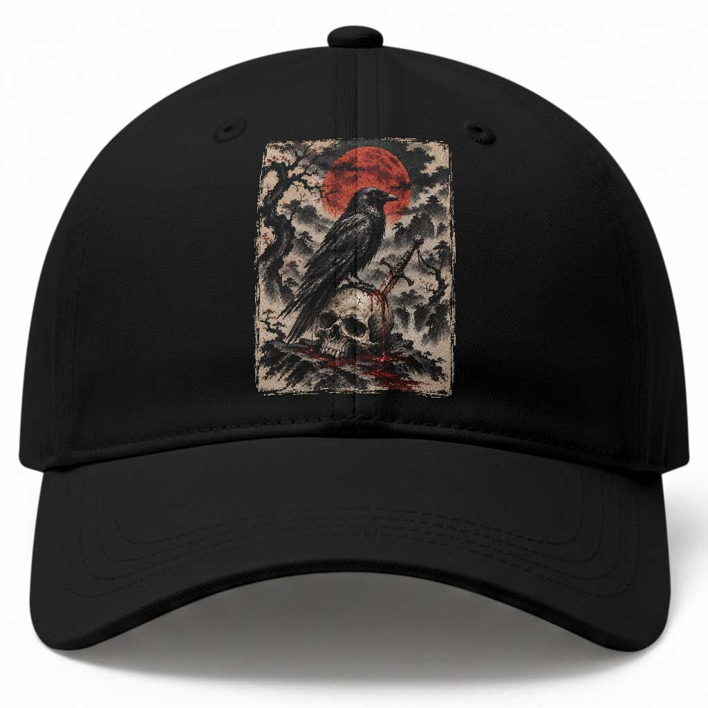 Gothic Raven On Skull With Full Moon Baseball Cap Vintage Japanese Ukiyoe