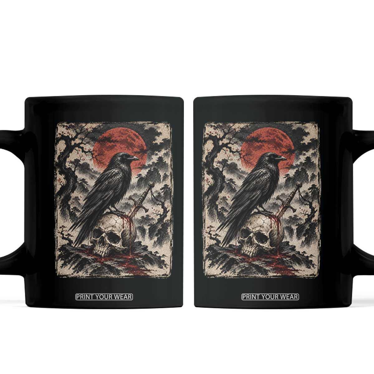 Gothic Raven On Skull With Full Moon Coffee Mug Vintage Japanese Ukiyoe