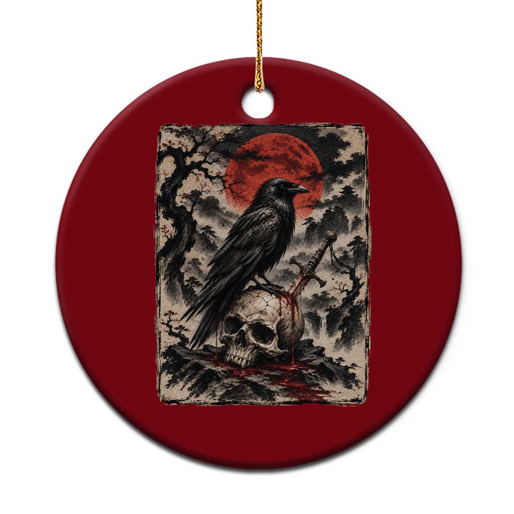 Gothic Raven On Skull With Full Moon Ceramic Ornament Vintage Japanese Ukiyoe