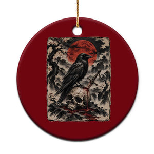 Gothic Raven On Skull With Full Moon Ceramic Ornament Vintage Japanese Ukiyoe