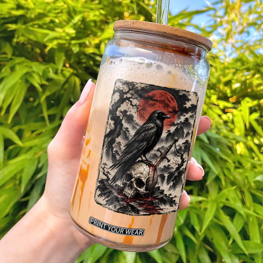Gothic Raven On Skull With Full Moon Glass Can Vintage Japanese Ukiyoe