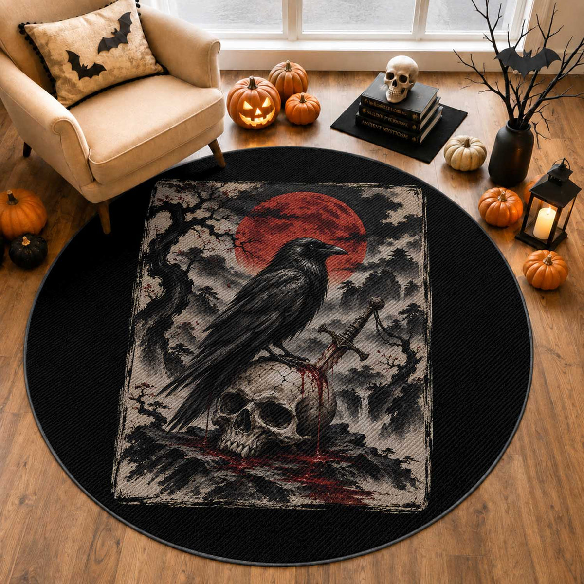 Gothic Raven On Skull With Full Moon Round Rug Vintage Japanese Ukiyoe