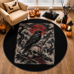 Gothic Raven On Skull With Full Moon Round Rug Vintage Japanese Ukiyoe