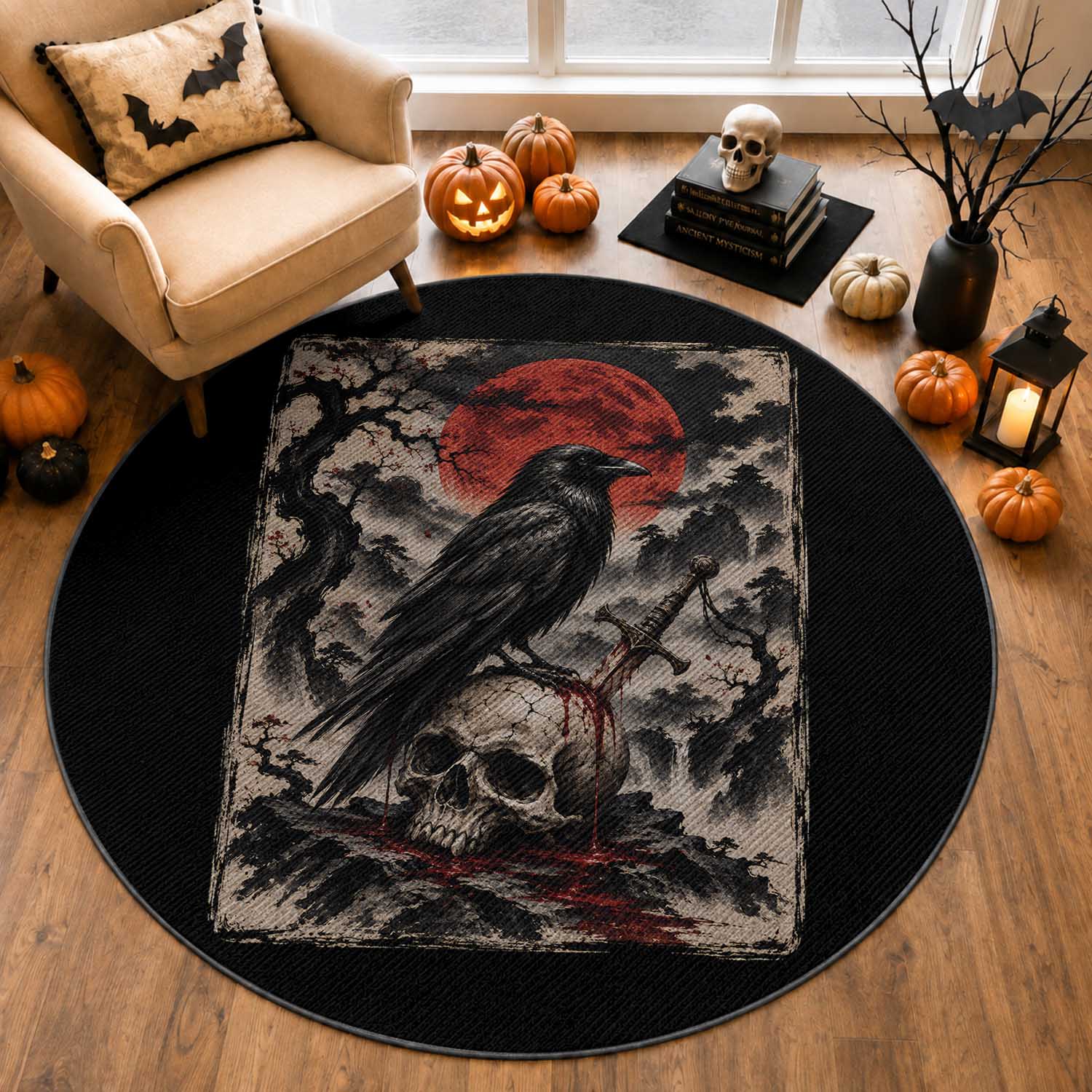 Gothic Raven On Skull With Full Moon Round Rug Vintage Japanese Ukiyoe