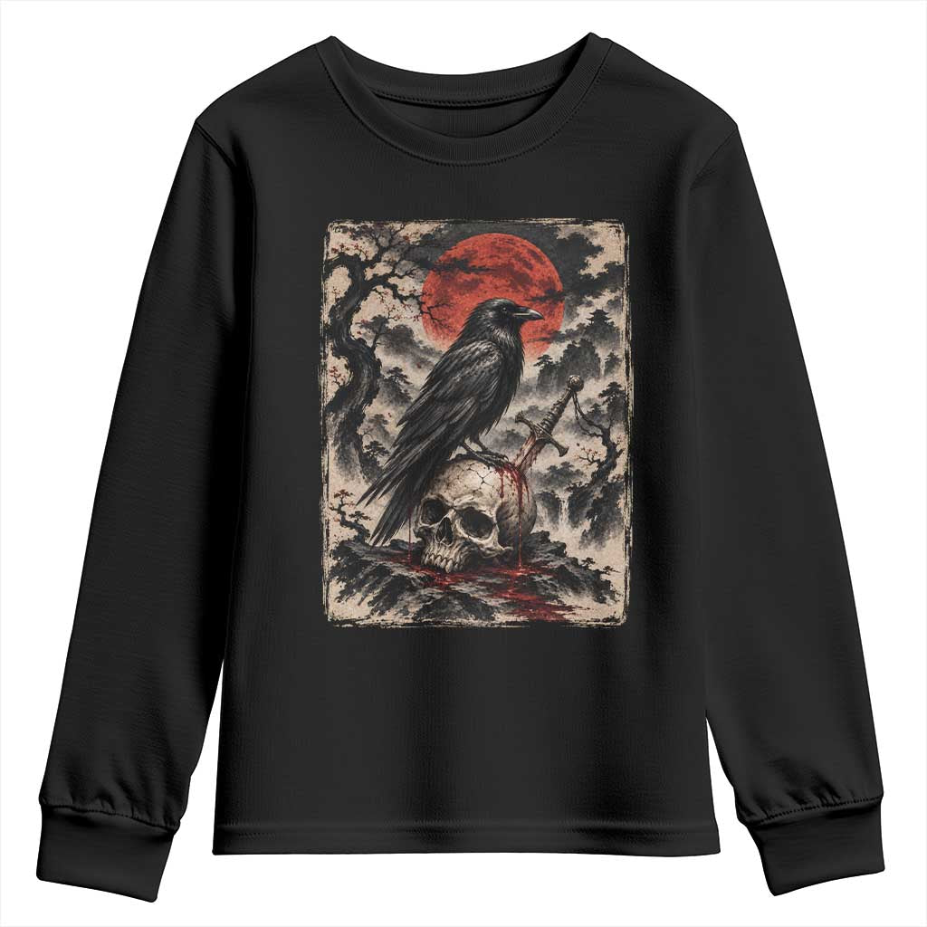 Gothic Raven On Skull With Full Moon Youth Sweatshirt Vintage Japanese Ukiyoe