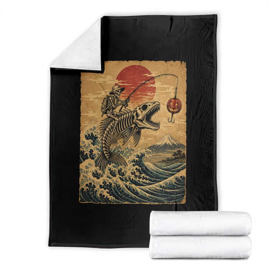 Vintage Japanese Ukiyoe Skeleton Fishing Throw Blanket Great Wave Off Kanagawa