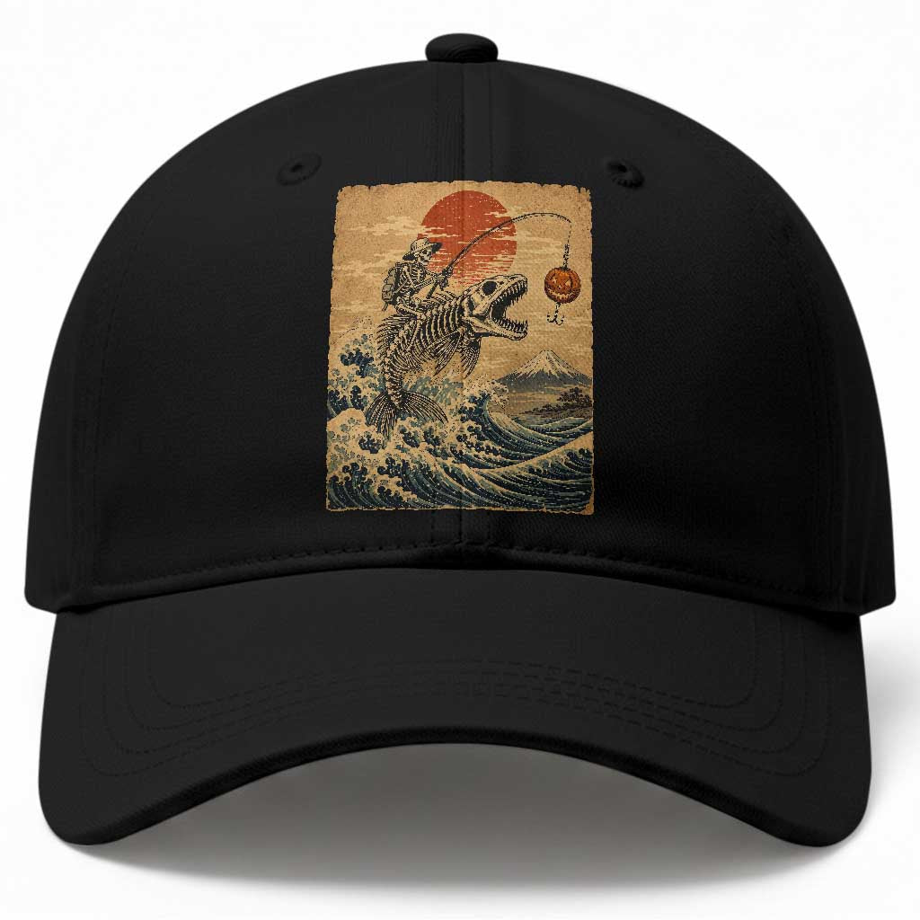 Vintage Japanese Ukiyoe Skeleton Fishing Baseball Cap Great Wave Off Kanagawa