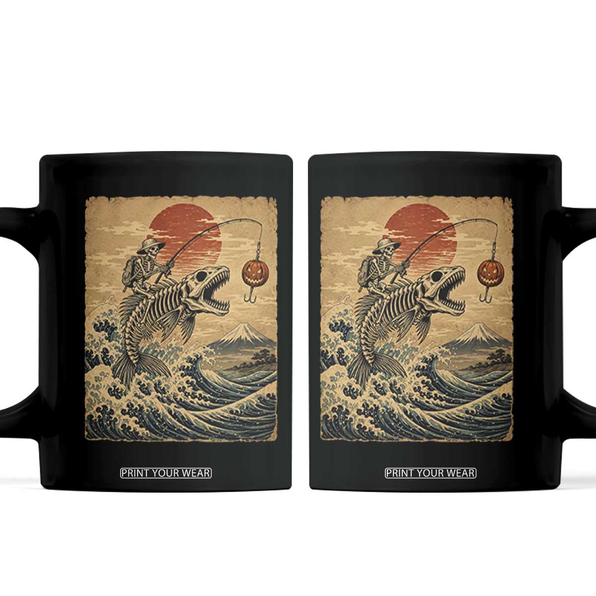Vintage Japanese Ukiyoe Skeleton Fishing Coffee Mug Great Wave Off Kanagawa