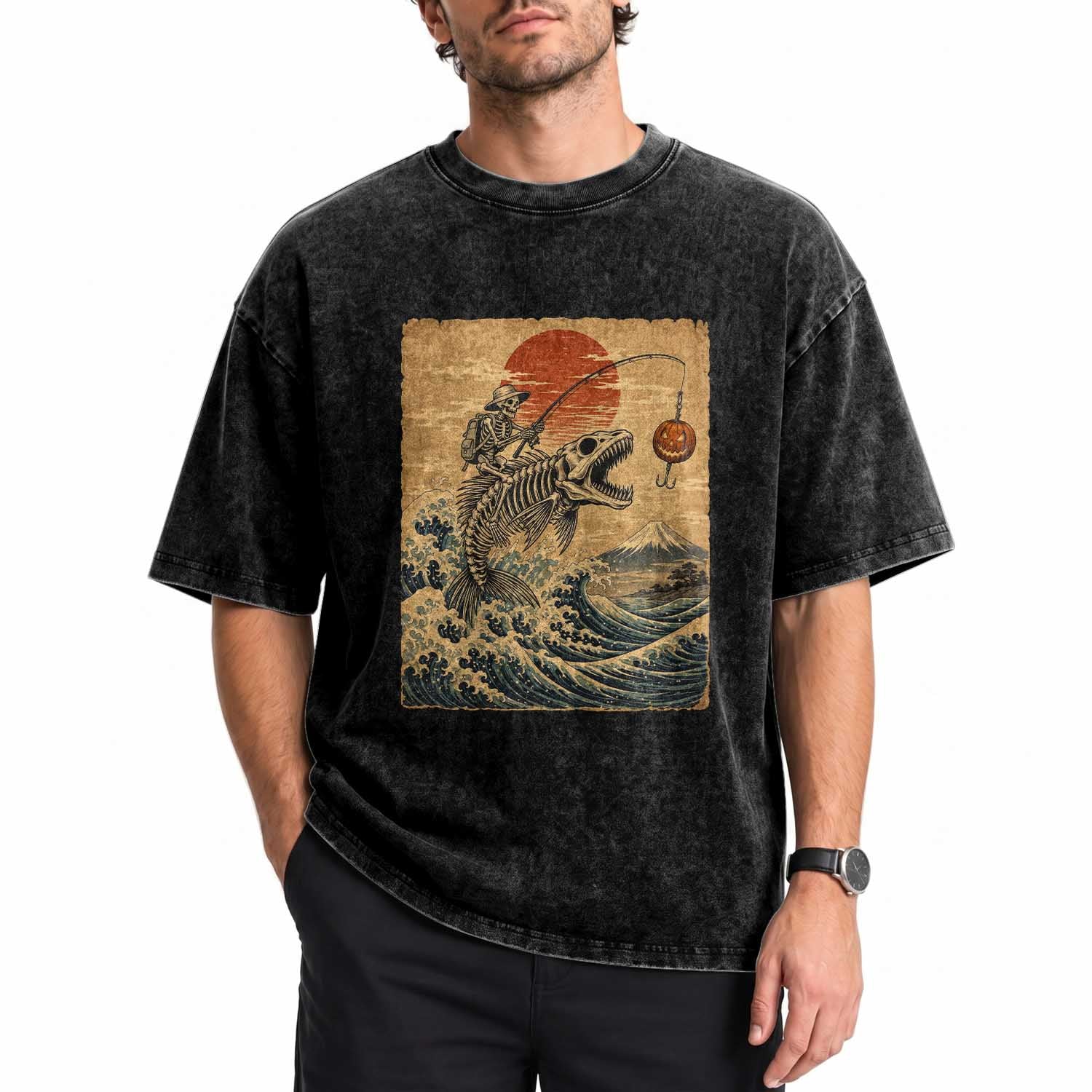 Vintage Japanese Ukiyoe Skeleton Fishing Washed Cotton T-Shirt Great Wave Off Kanagawa