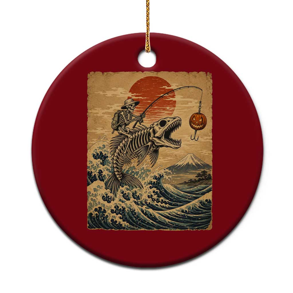 Vintage Japanese Ukiyoe Skeleton Fishing Ceramic Ornament Great Wave Off Kanagawa