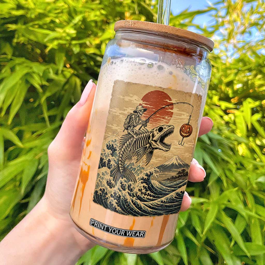 Vintage Japanese Ukiyoe Skeleton Fishing Glass Can Great Wave Off Kanagawa
