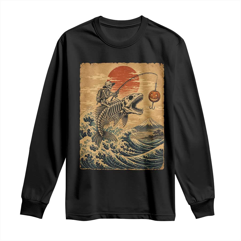 Vintage Japanese Ukiyoe Skeleton Fishing Long Sleeve Shirt Great Wave Off Kanagawa