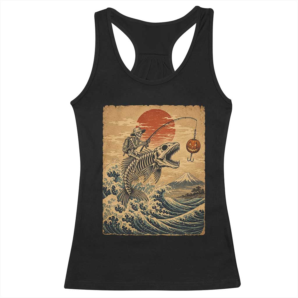 Vintage Japanese Ukiyoe Skeleton Fishing Racerback Tank Top Great Wave Off Kanagawa
