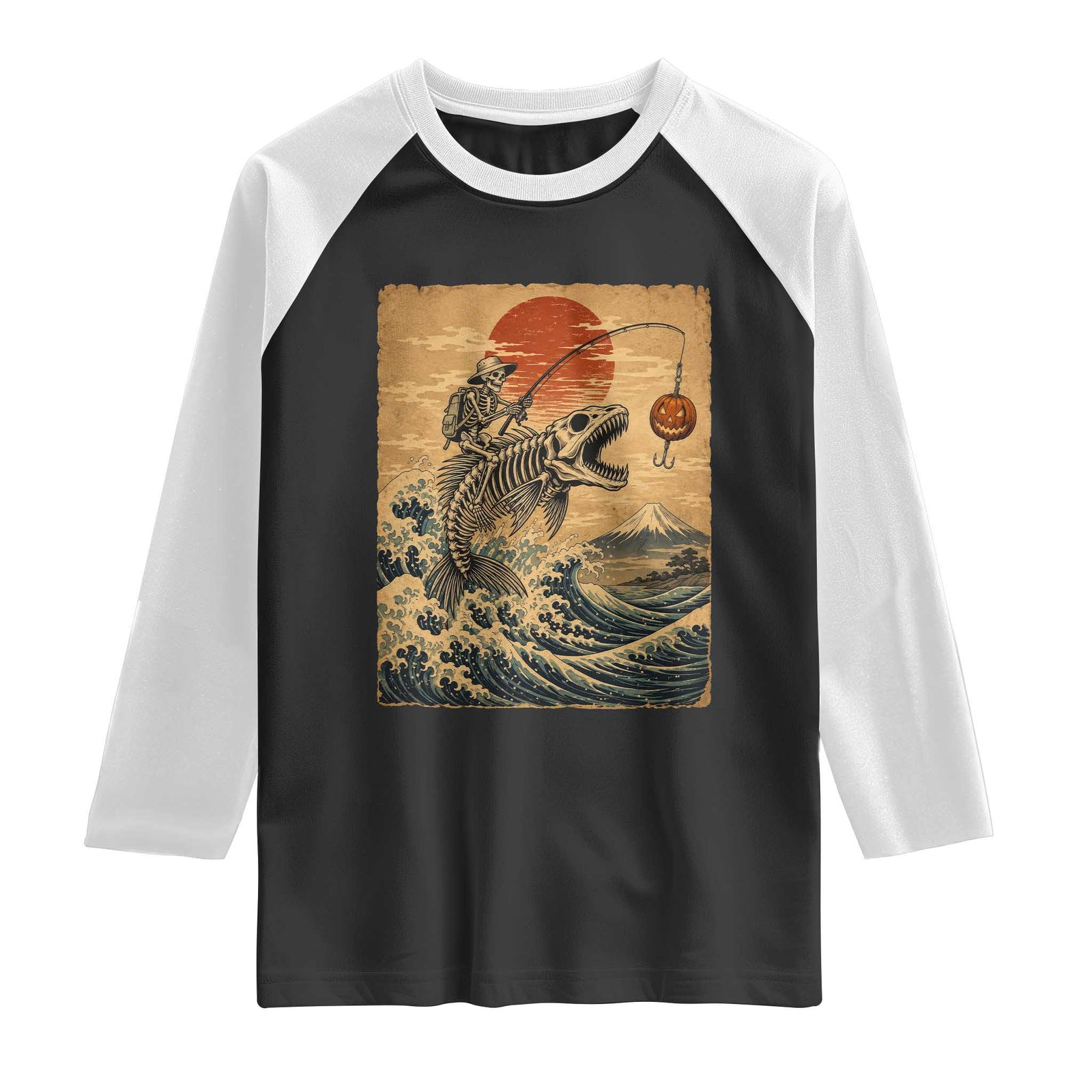 Vintage Japanese Ukiyoe Skeleton Fishing Raglan Shirt Great Wave Off Kanagawa