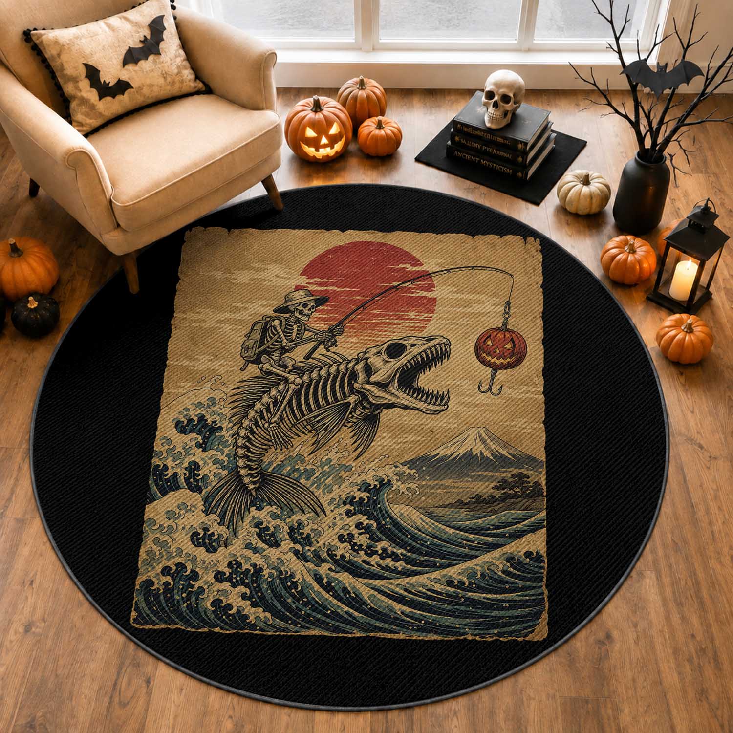 Vintage Japanese Ukiyoe Skeleton Fishing Round Rug Great Wave Off Kanagawa