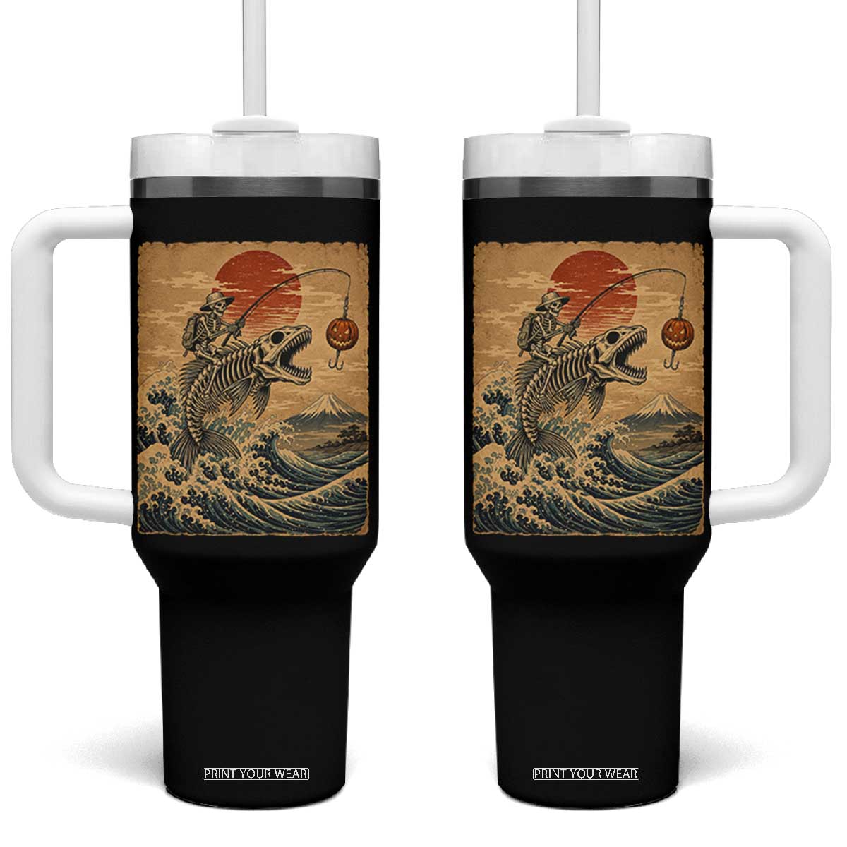 Vintage Japanese Ukiyoe Skeleton Fishing Tumbler With Handle Great Wave Off Kanagawa
