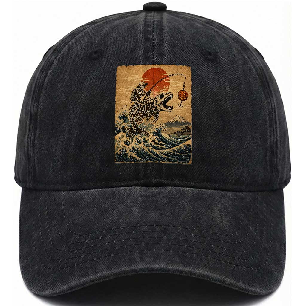Vintage Japanese Ukiyoe Skeleton Fishing Washed Cotton Baseball Cap Great Wave Off Kanagawa