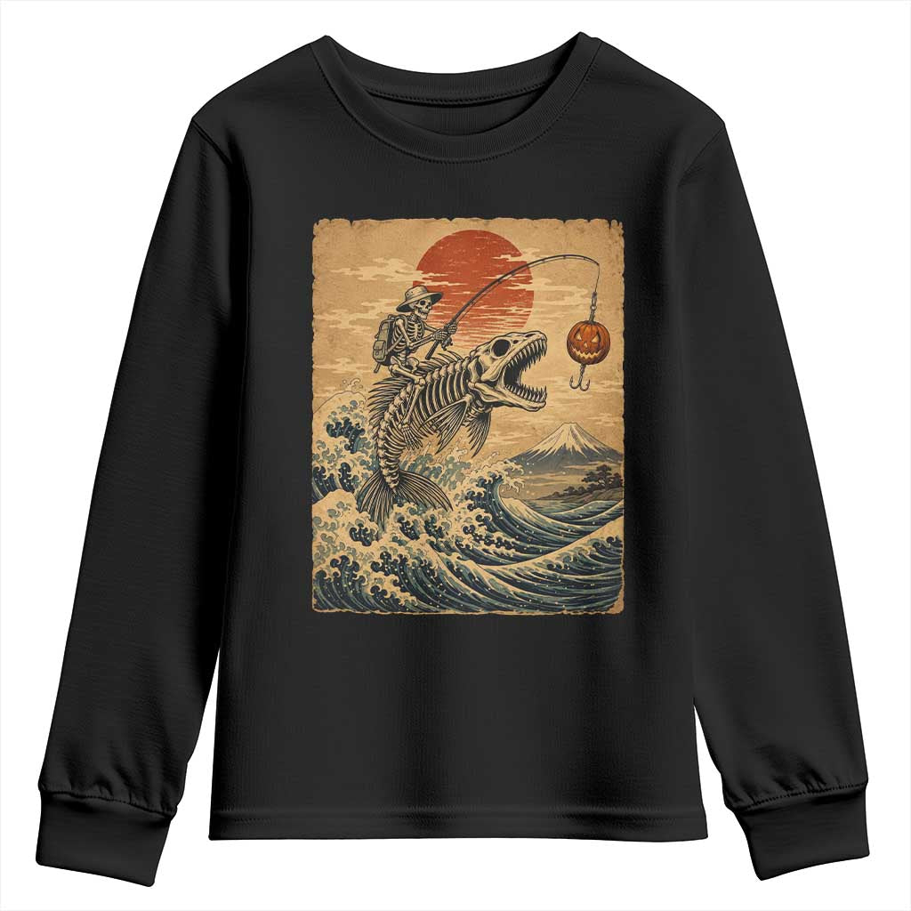 Vintage Japanese Ukiyoe Skeleton Fishing Youth Sweatshirt Great Wave Off Kanagawa