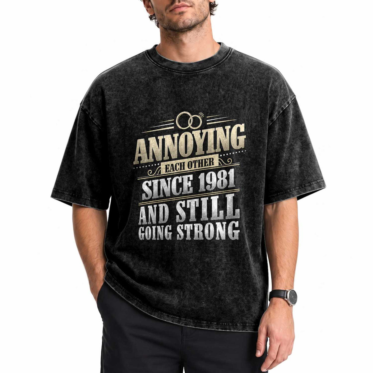 Vintage 45th Wedding Anniversary Washed Cotton T-Shirt Annoying Each Other Since 1981 Still Going Strong
