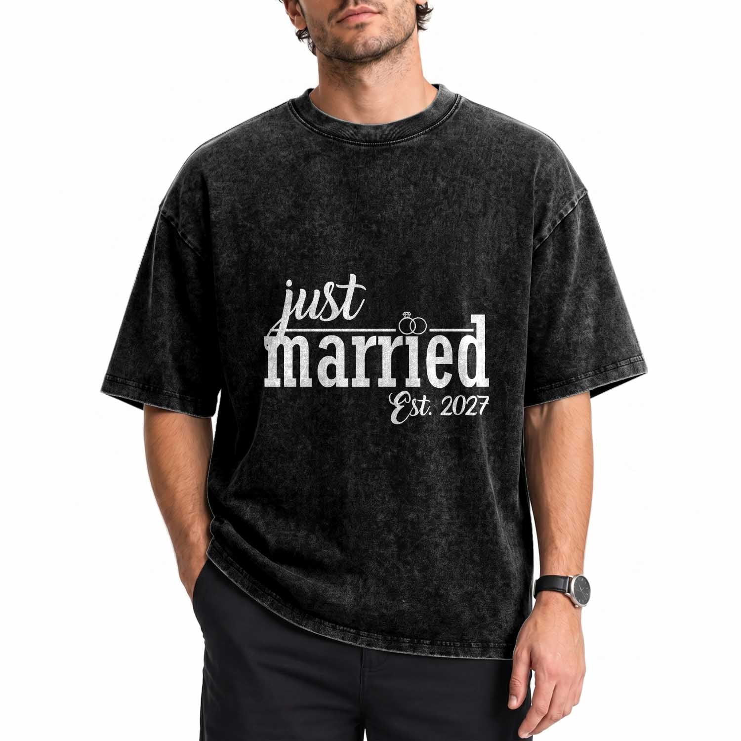 Just Married Est 2027 Newlywed Couple Washed Cotton T-Shirt Bride Groom Wedding