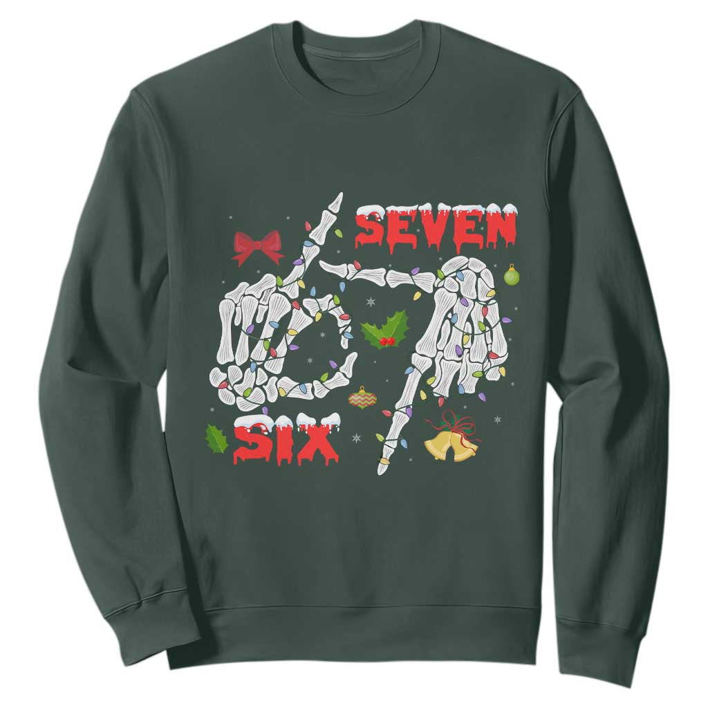 Six And Seven Meme Skeleton Sweatshirt Funny Trendy Christmas Party Gift TS12 Dark Forest Green Print Your Wear