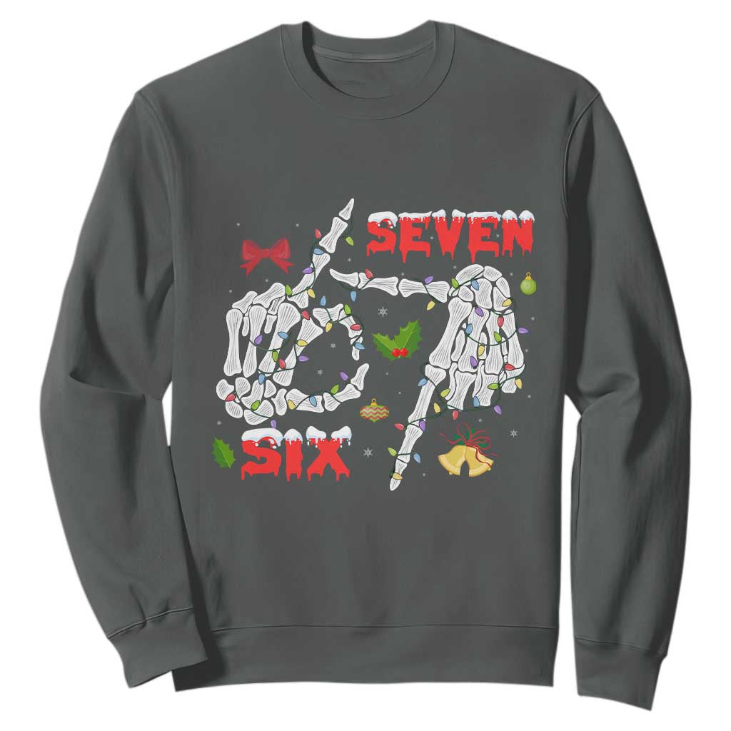Six And Seven Meme Skeleton Sweatshirt Funny Trendy Christmas Party Gift TS12 Dark Heather Print Your Wear