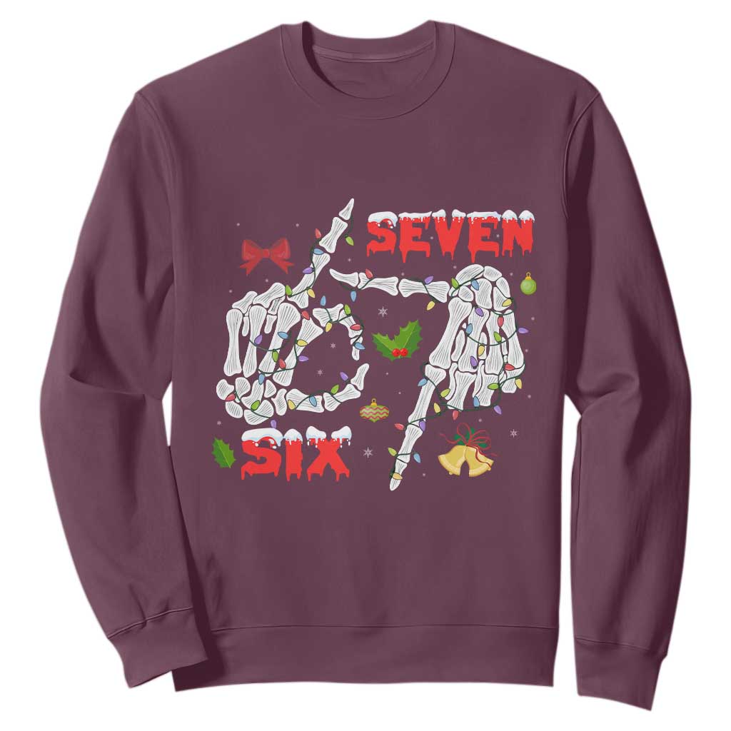 Six And Seven Meme Skeleton Sweatshirt Funny Trendy Christmas Party Gift TS12 Maroon Print Your Wear